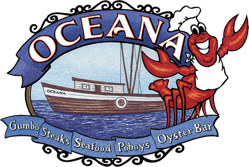 A lobster logo with a boat in the background.
